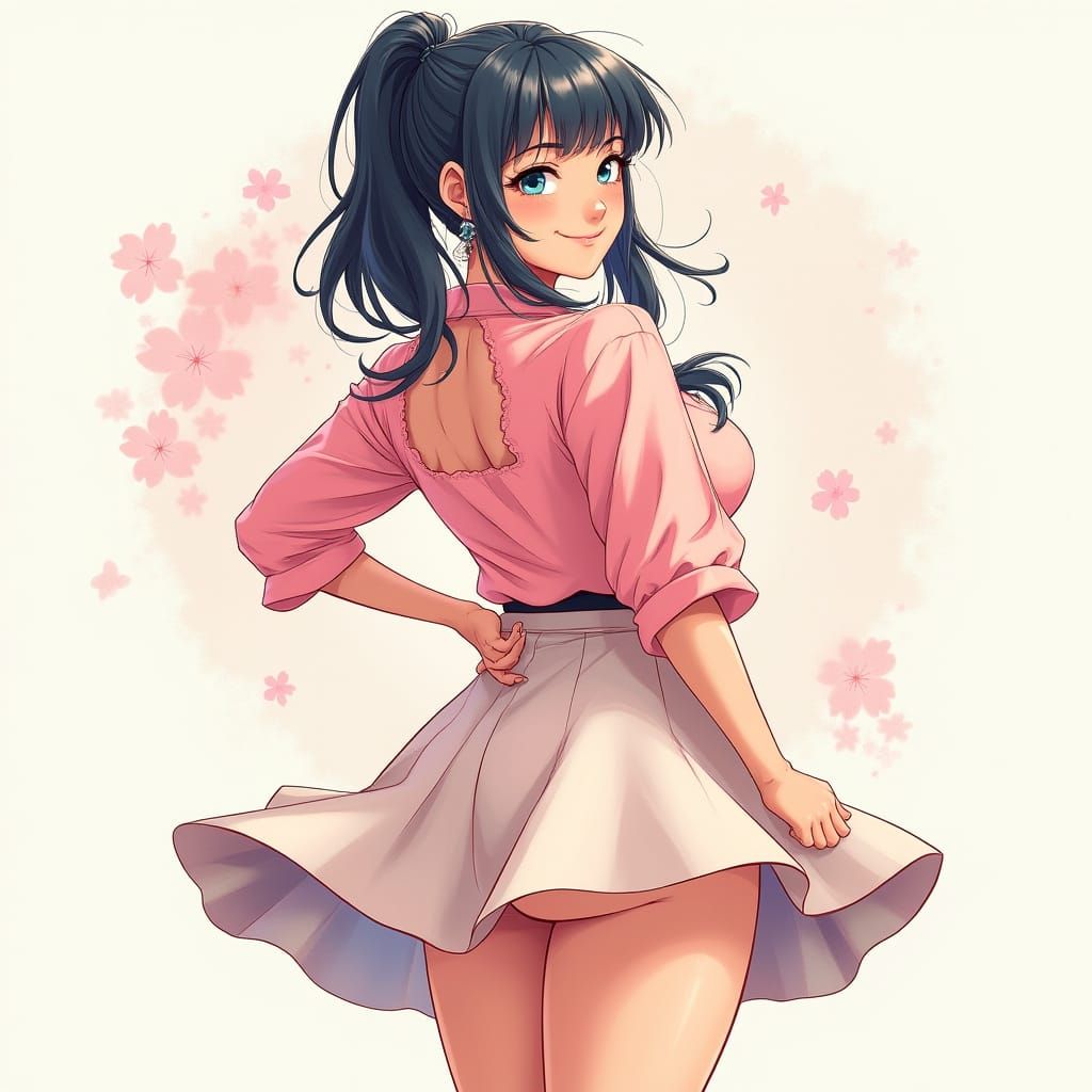 Confident Anime Goddess with Curvy Physique in Pastel Colors