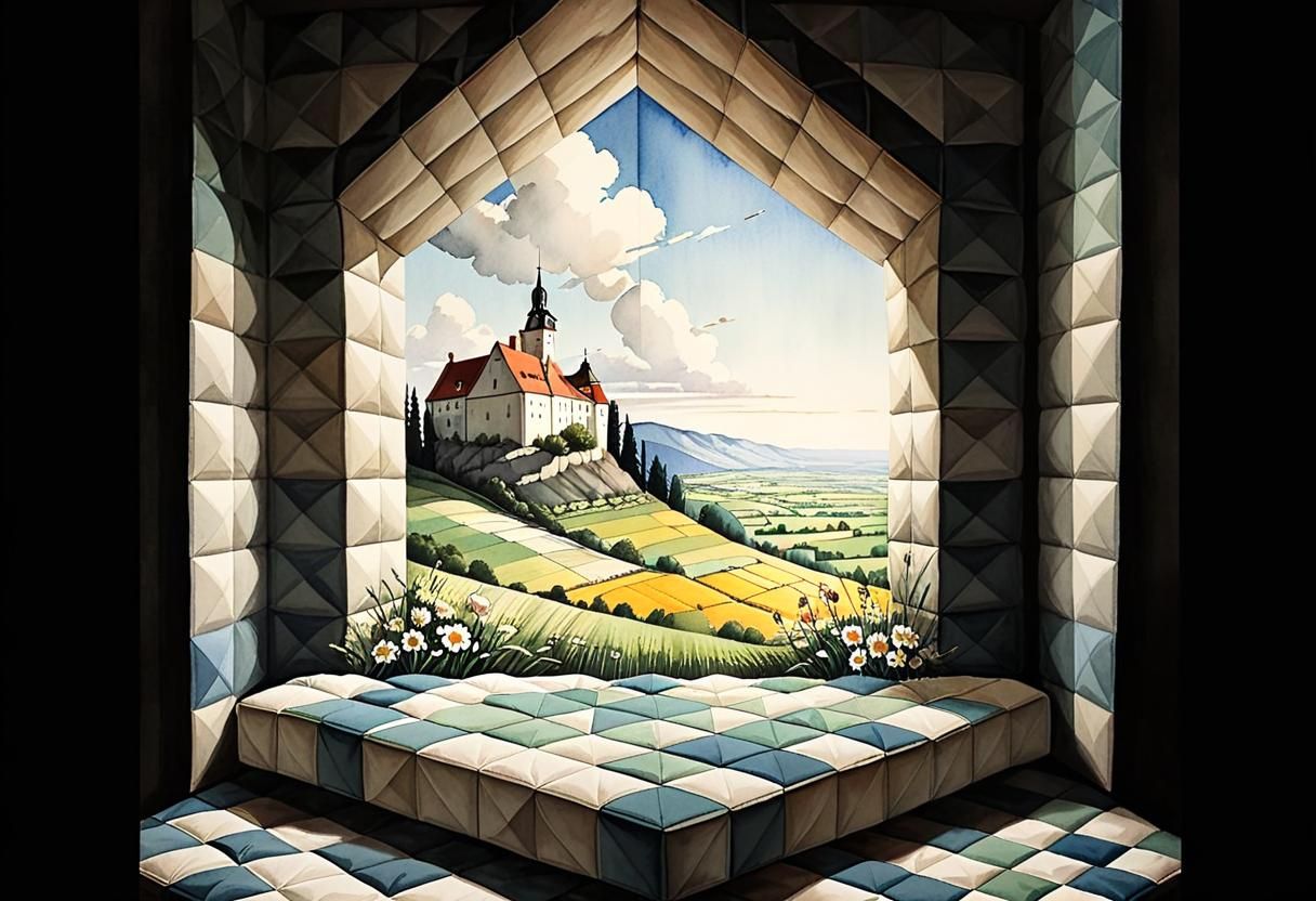 Optical Illusion Quilted Landscape in Watercolor Style