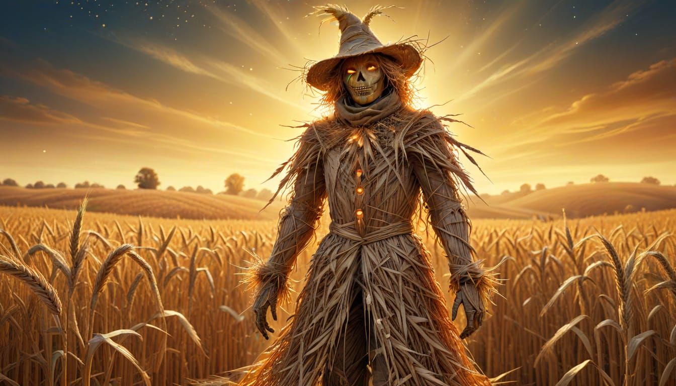 Giant Wheat Scarecrow Guards Autumn Field Under Starlit Sky