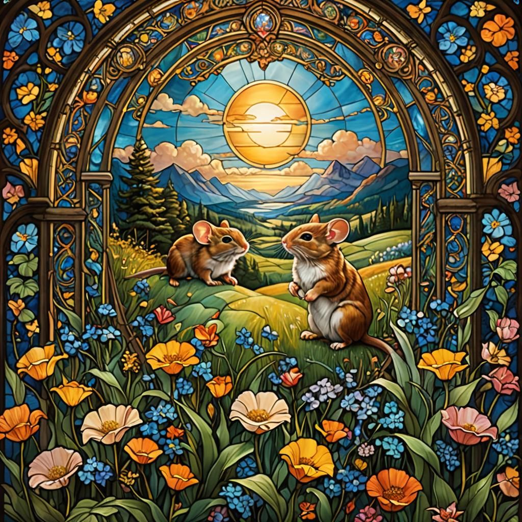 Mice in Field: Stained Glass Art Nouveau Style