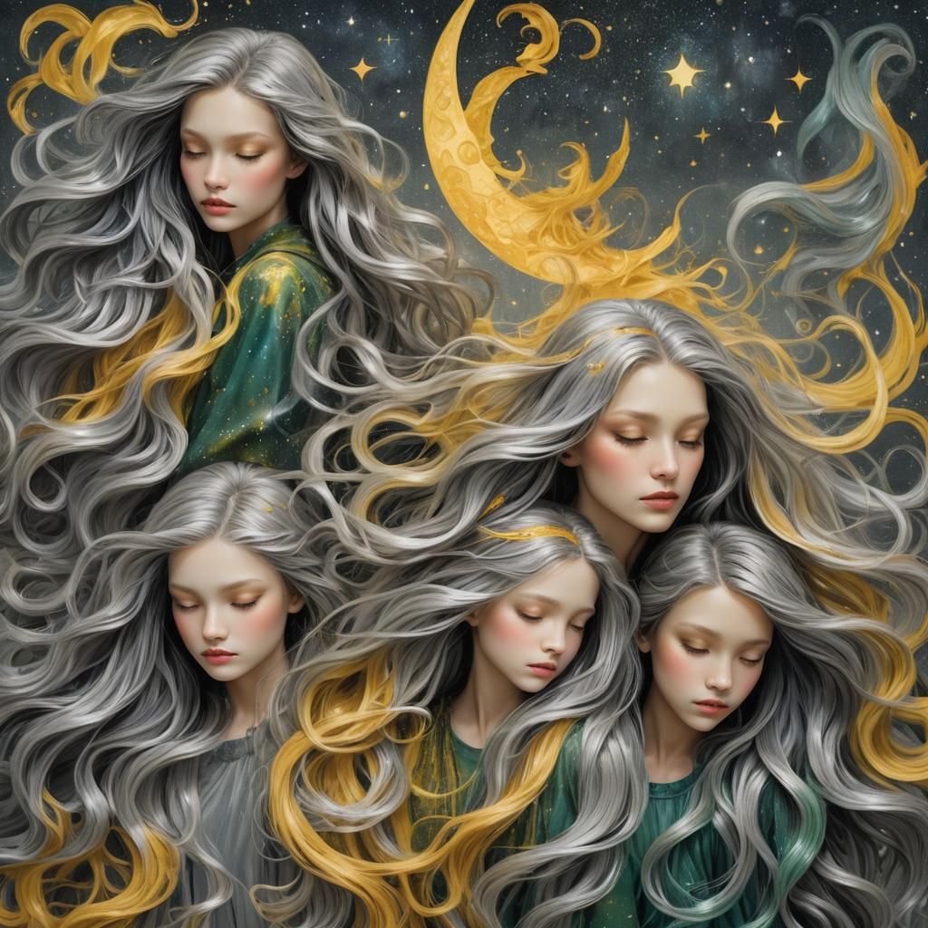 Children in Space with Glowing Hair and Flowers