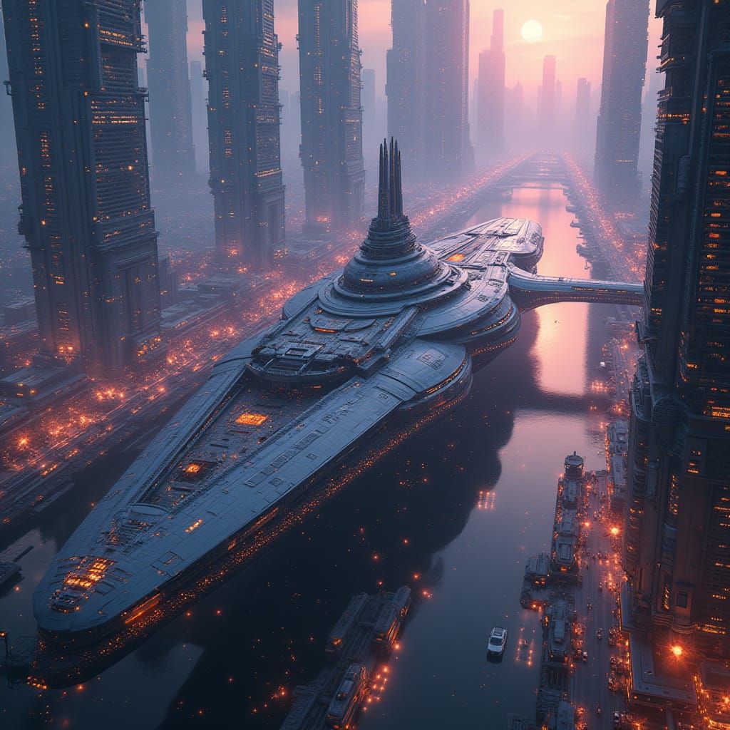 Cinematic Futuristic Spaceport with Towering Skyscrapers