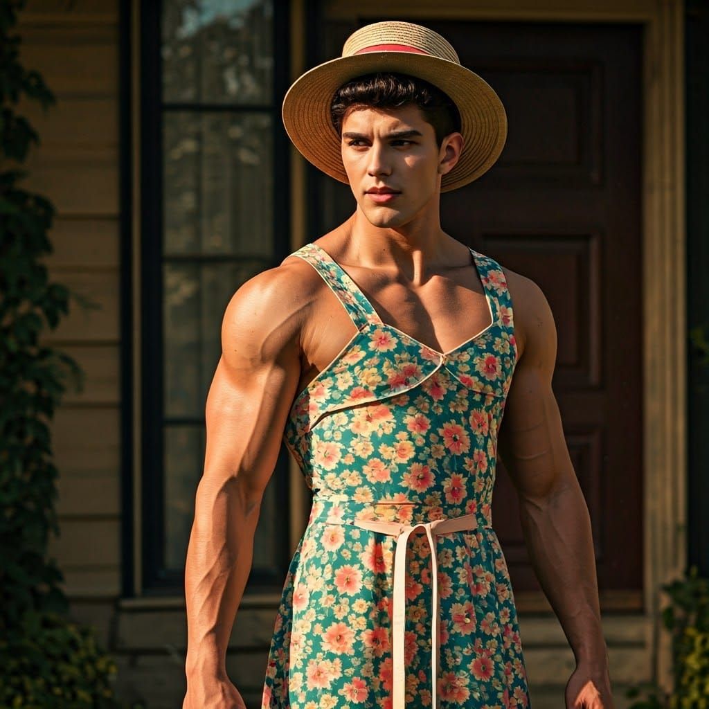 Androgynous Athlete in Floral Dress, Engaging with Male Comp...