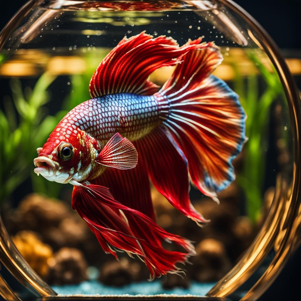 Elegant Red and Gold Betta Fish in Aquarium