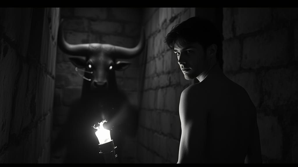 Greek Man Evades Bull's Head in Dark Labyrinth