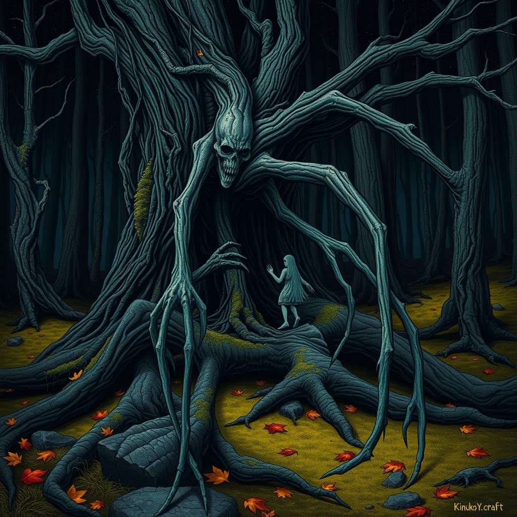 Eerie Wendigo Spirit in Decaying Tree, Gothic Horror