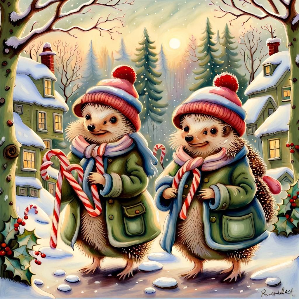 Festive Hedgehogs in Winter Storybook Style