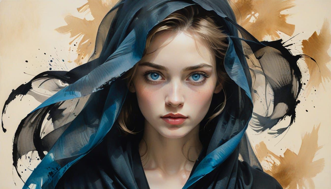 Woman with Blue Eyes in Ink Wash Style