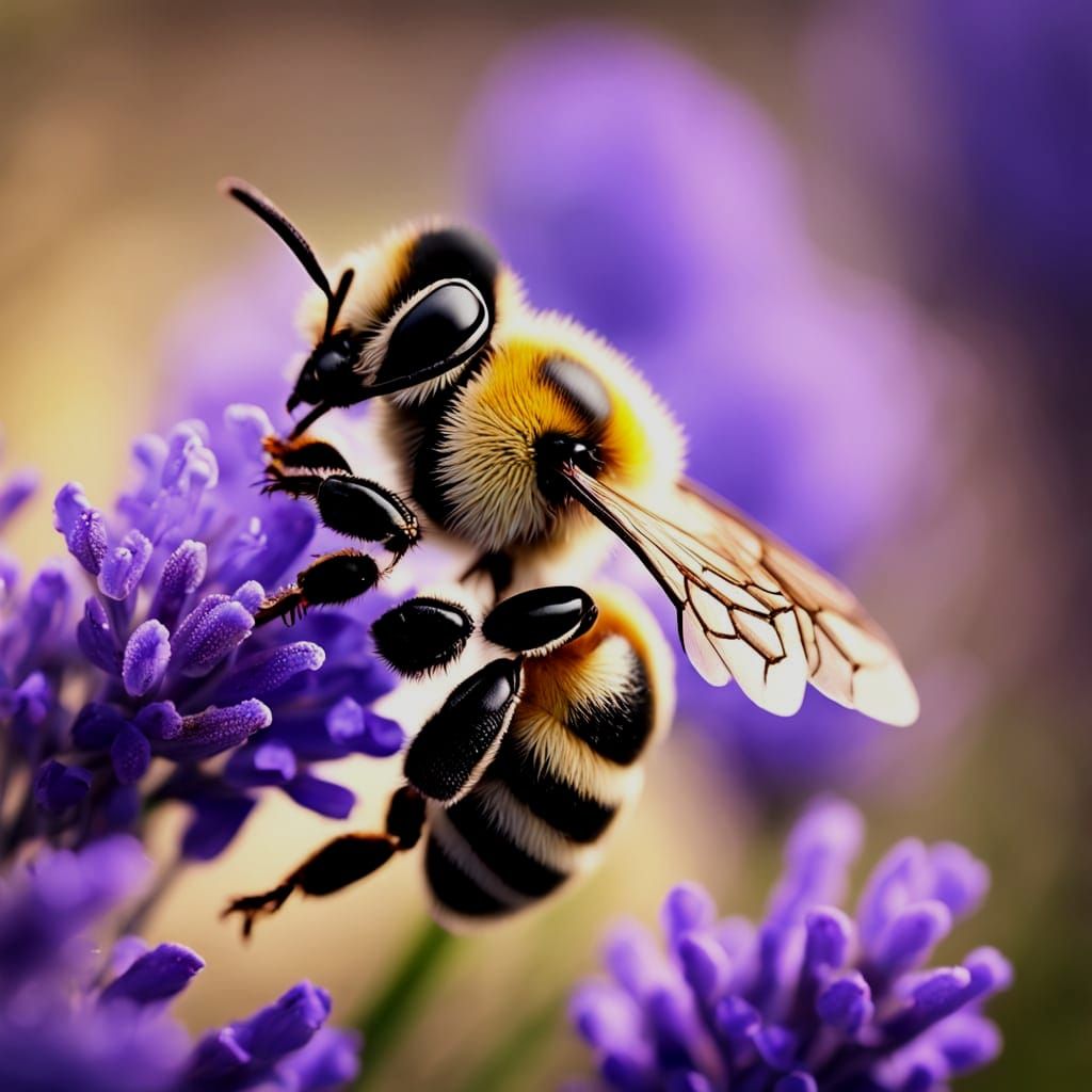 Macro Bee Collects Nectar on Lavender Bush