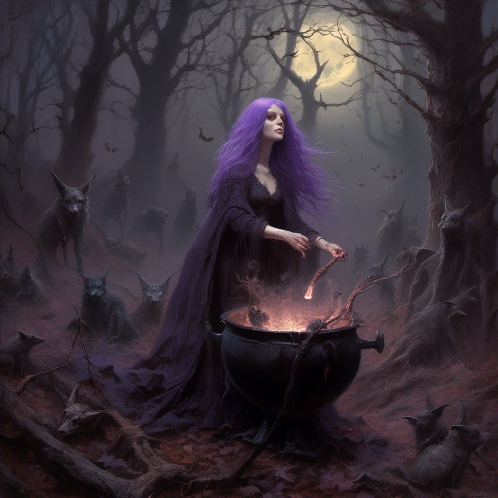 Forest Witch Stirring Cauldron in Macabre Horror Scene