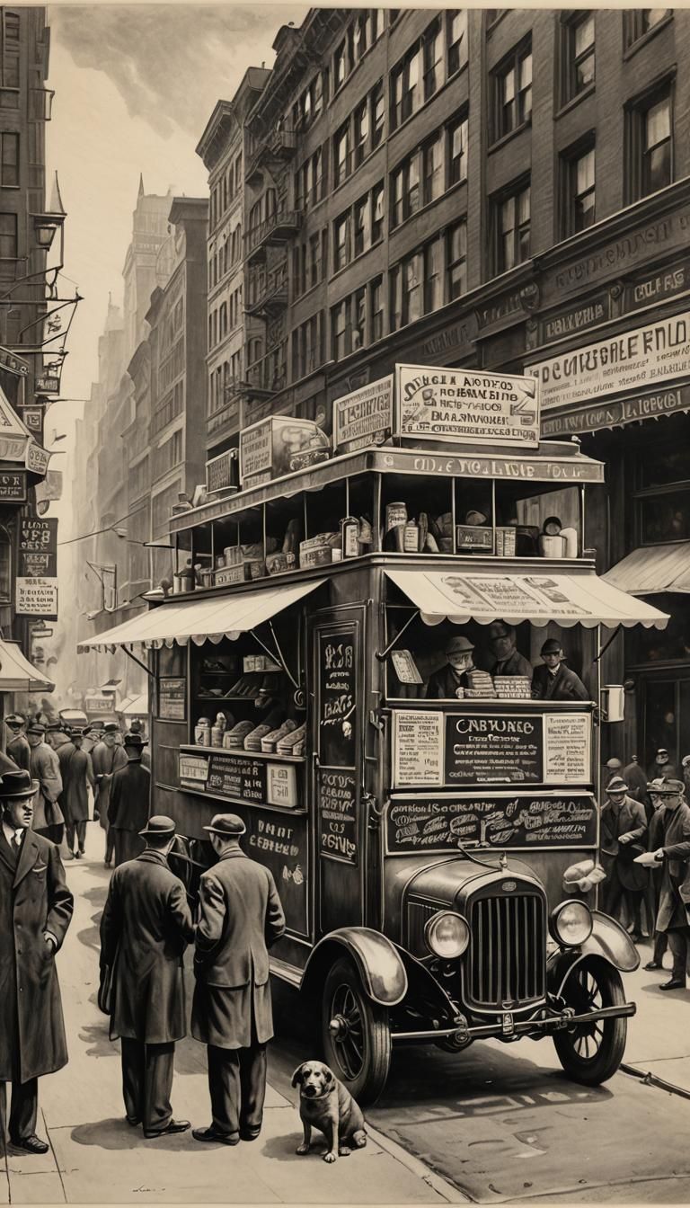 1920s NYC Hot Dog Truck: Charcoal Drawing