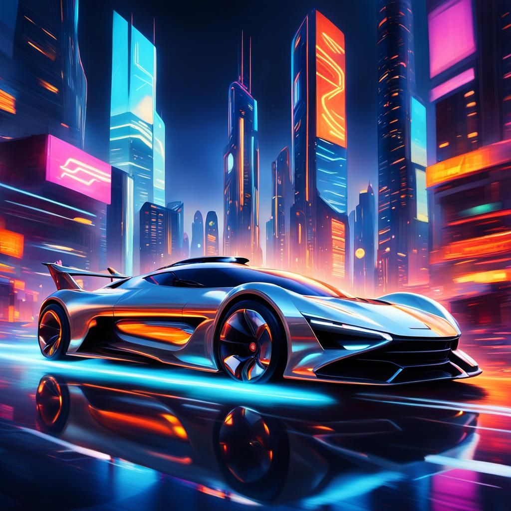 Sleek Flying Car Soars Through Metropolis at Dusk