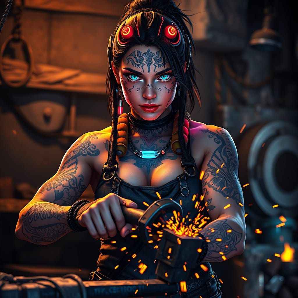 Cyberpunk Blacksmith Empowered by Futuristic Tradition