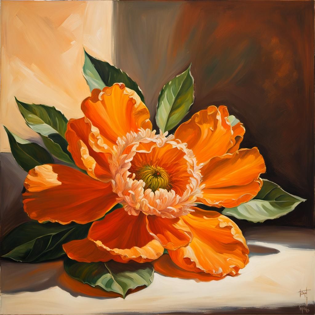 Dramatic Orange Flower in Chiaroscuro Oil Painting
