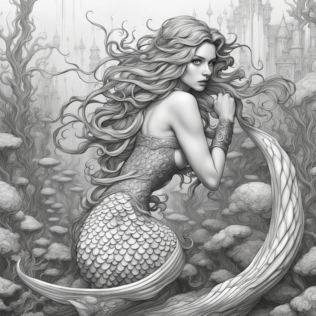 Detailed Mermaid Line Art in 2D for Coloring