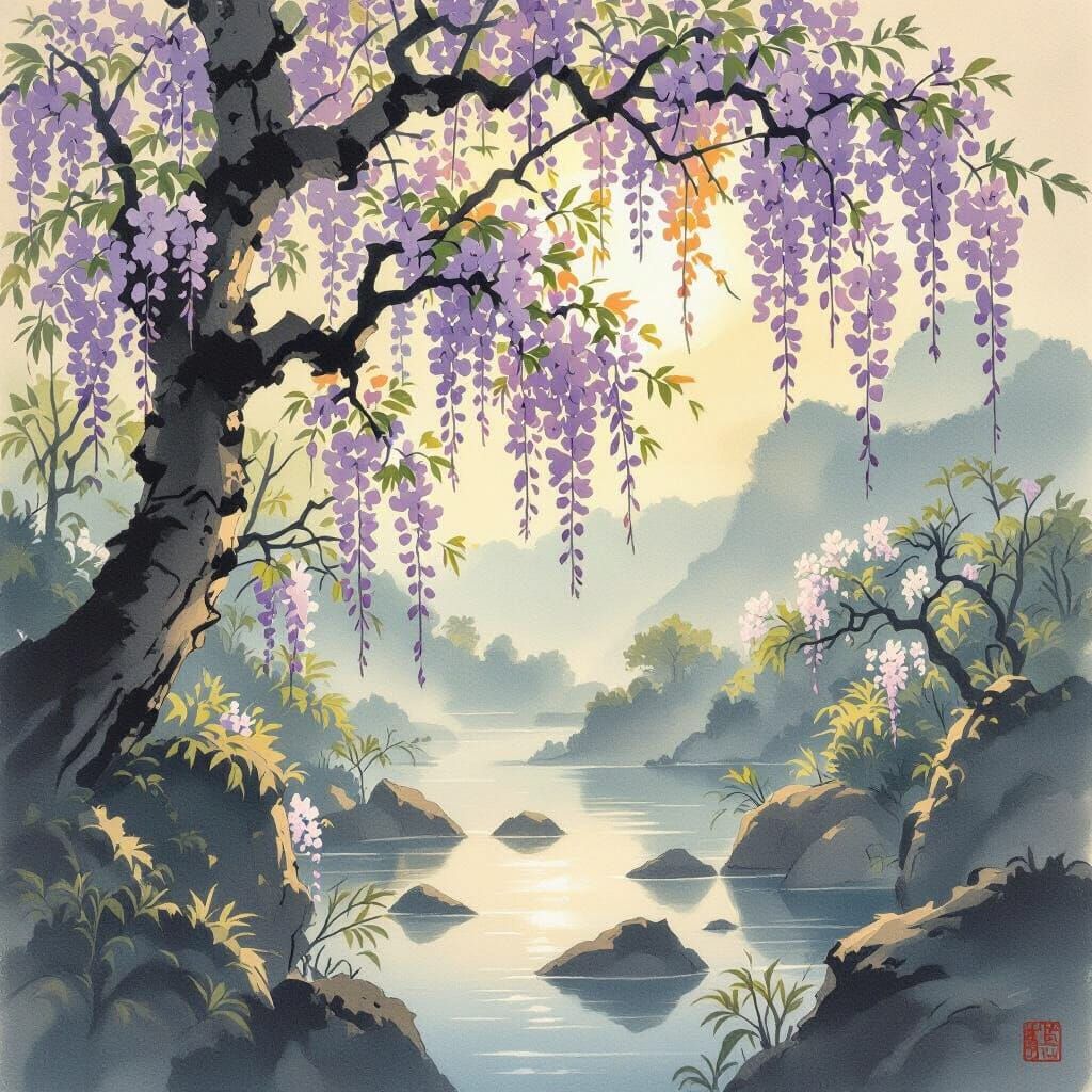 Serene Japanese Spring Landscape in Yamato-e Style
