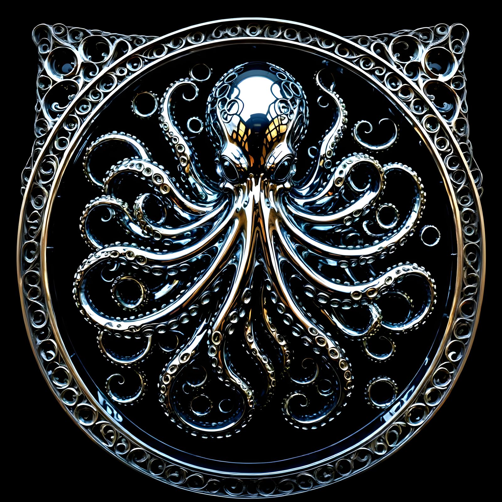 Glowing Chrome Octopus Statue in Art Nouveau Style