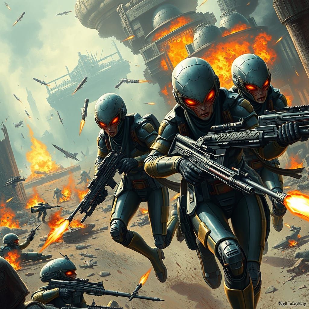 Female Alien Warriors in Intense Bayonet Charge