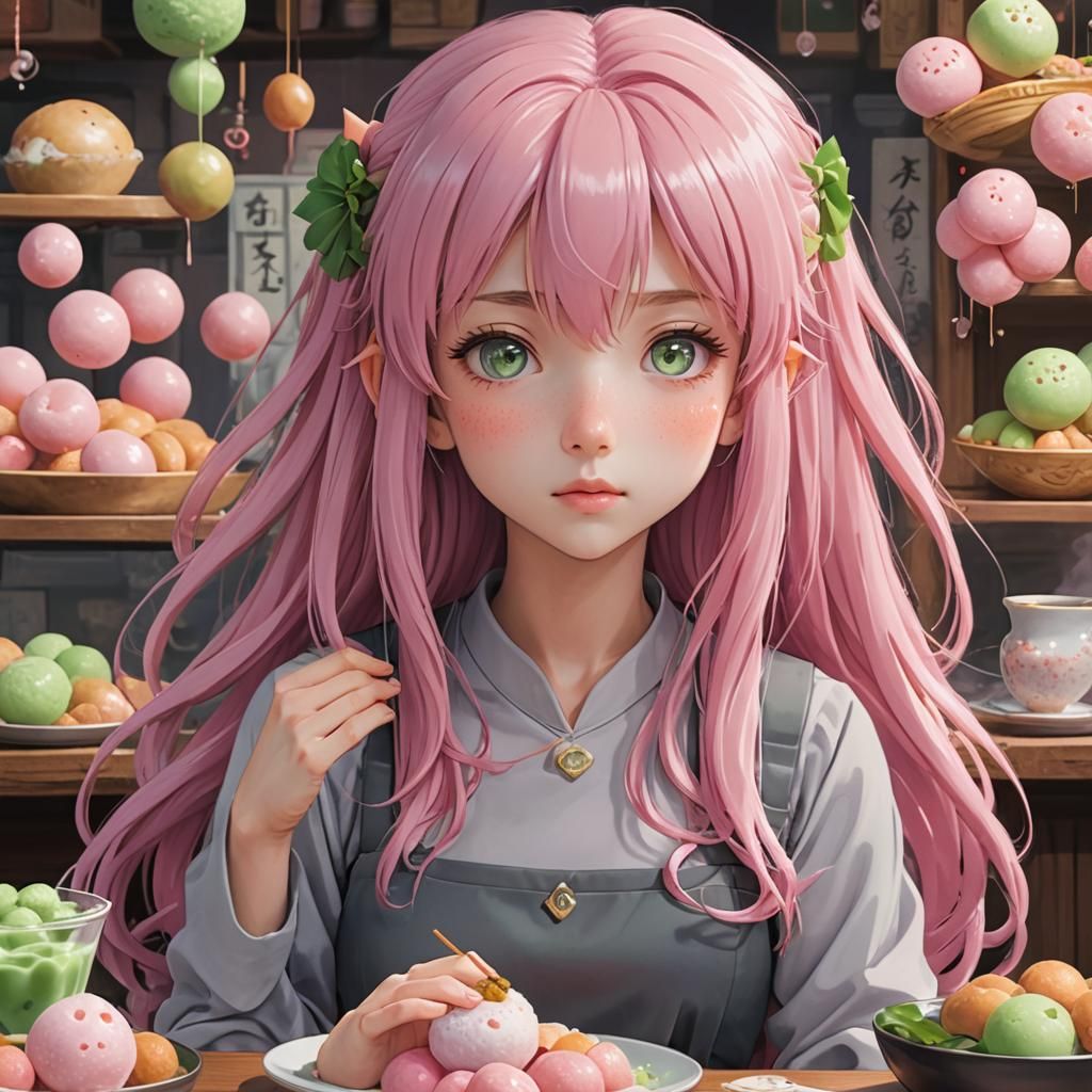 Anime Girl Eating Mochi in Pastel Colors