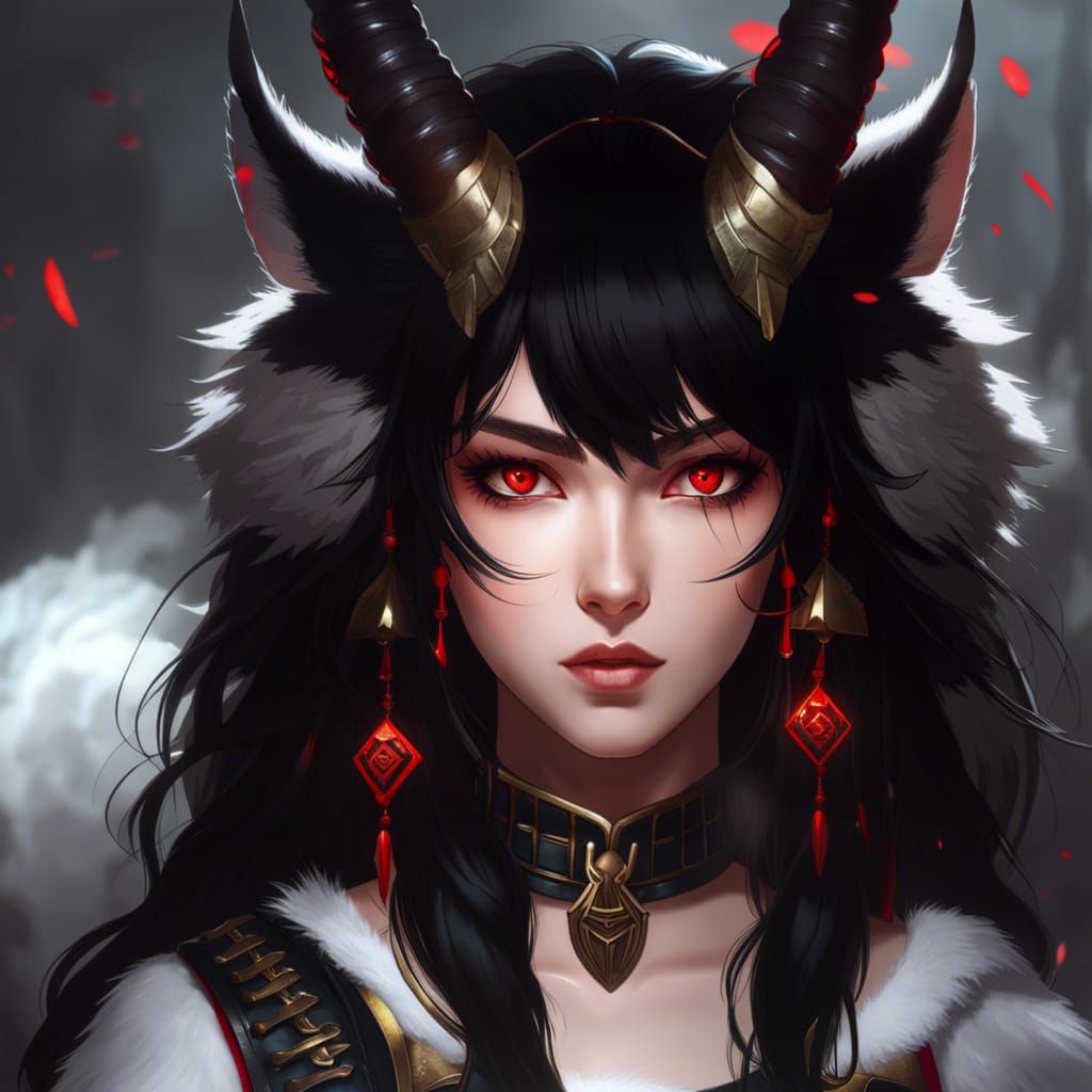 Photorealistic Wolf-Girl Warrior with Oni Horns