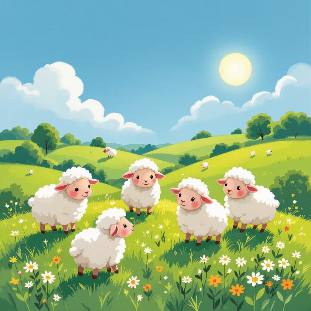 Whimsical Sheep Kids Frolicking on Green Hills Illustration