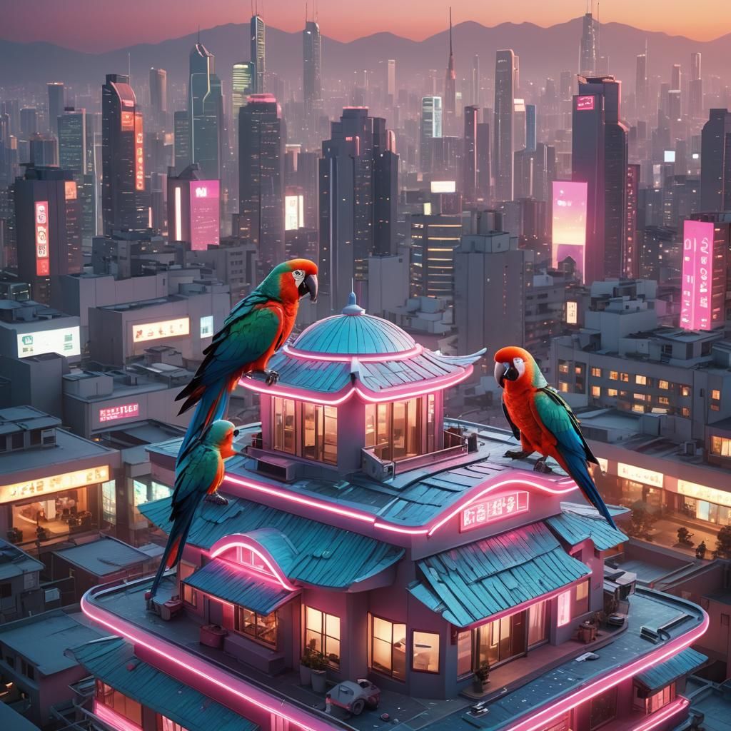 Parrots on Futuristic Seoul Building at Dawn