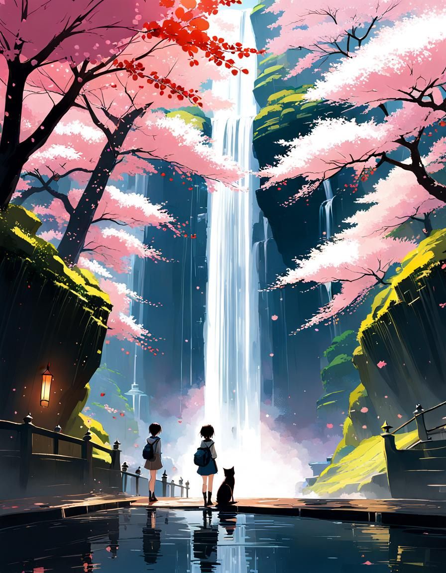 Sakura Waterfall Savannah: Anime Style Digital Illustration