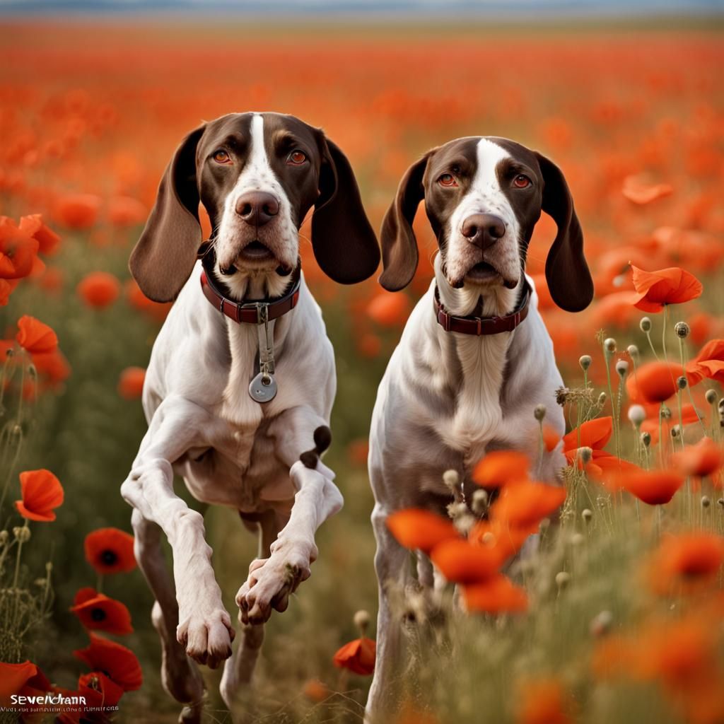 English Pointers Running in Poppy Field Portrait
