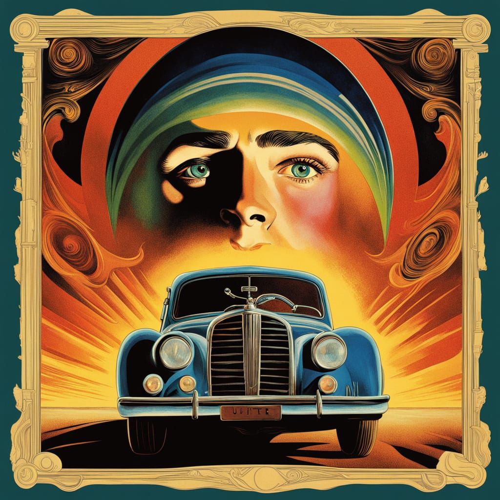 Surreal Vintage Car with Eye in Vortex, Oil Painting