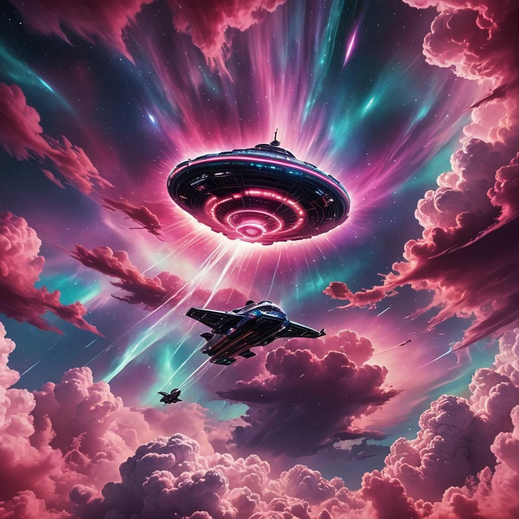 Iridescent Spaceship in Surreal Cosmic Cloudscape