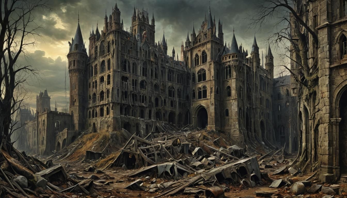 Gothic Castle Ruin Insane Asylum in Surreal Oil Painting
