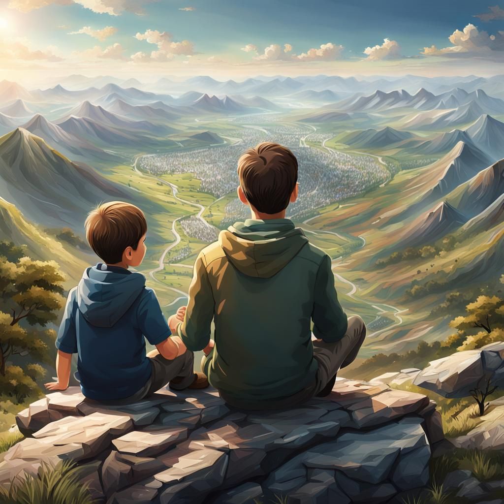A boy sitting with his dad on a mountain top