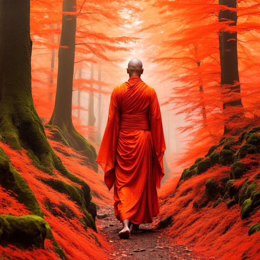 Young Buddhist Monk in Mystical Forest