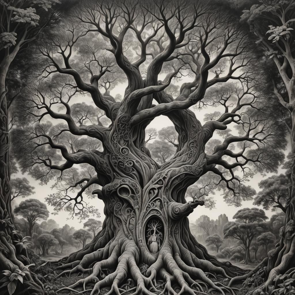 Hyperdetailed Charcoal Drawing of the Tree of Life
