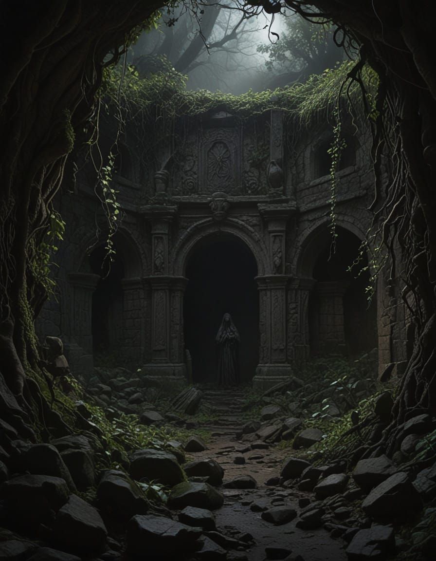 Ancient Crypt with Gnarled Eye in Dark, Foreboding Atmospher...