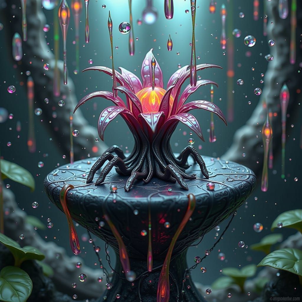 Biomechanical Alien Plant Blooms on Obsidian Island in Ether...