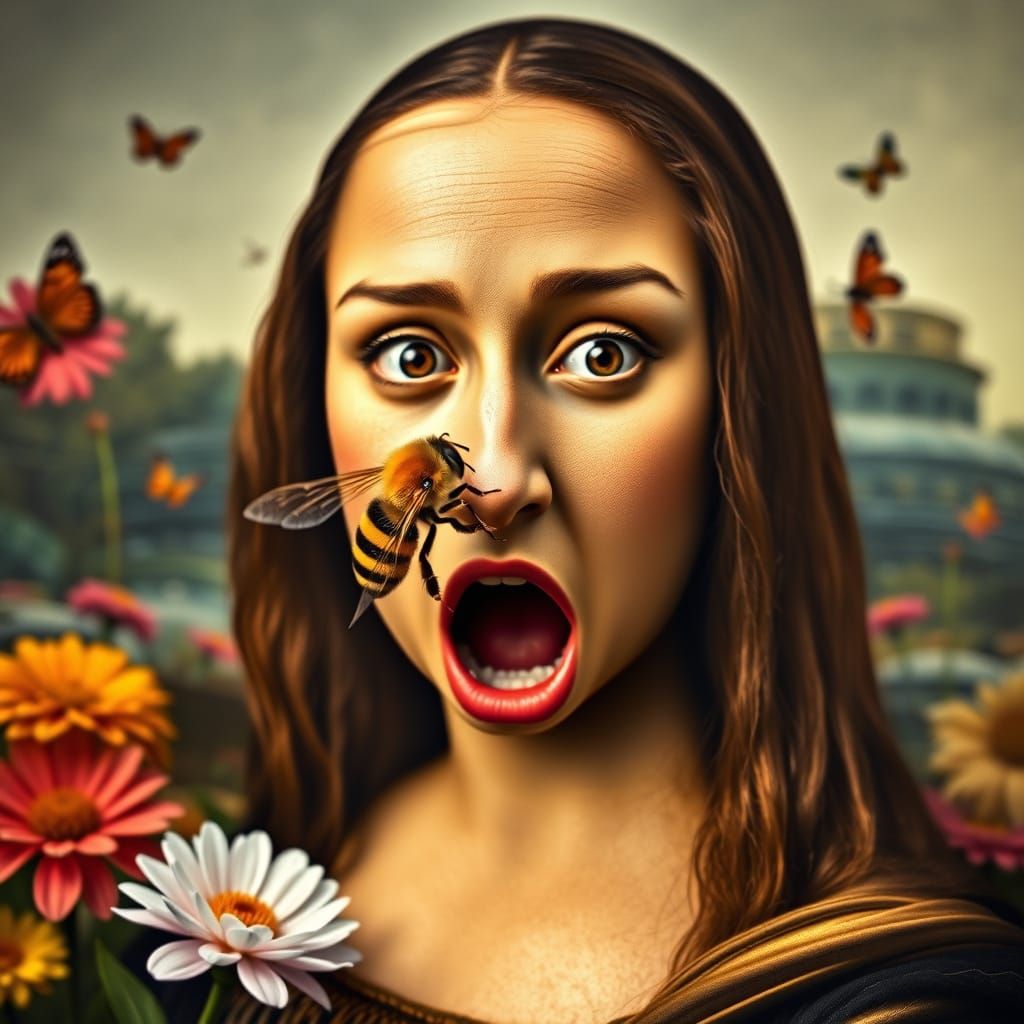 Mona Lisa's Hilarious Bee Encounter in a Vibrant Garden