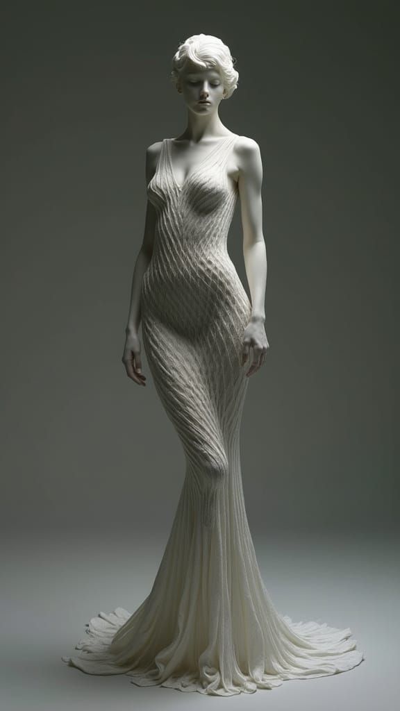 Statuesque Woman in Knitted Dress: Haute Couture