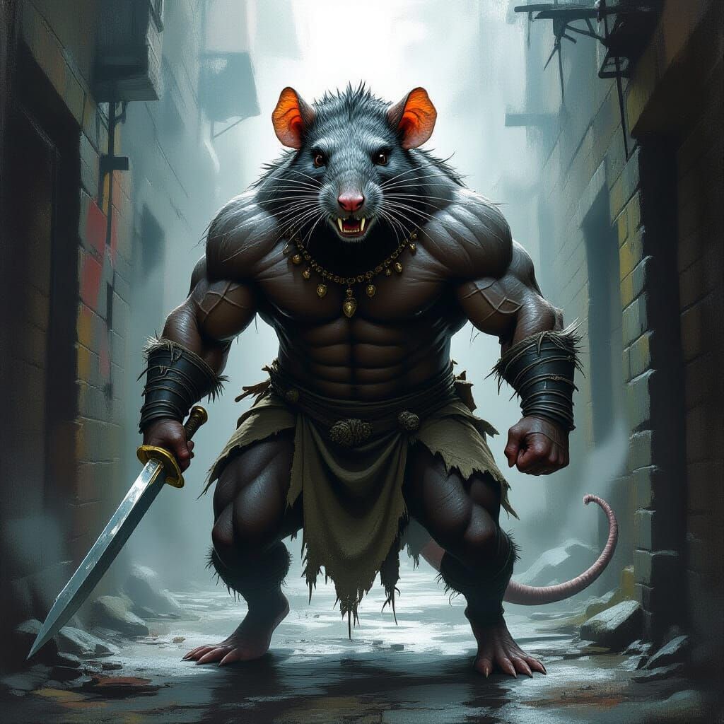 Fearsome Rat Warrior in Dark Alleyway