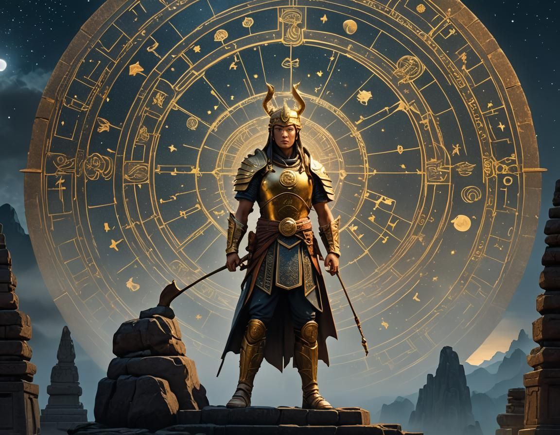 Archer at Ancient Zodiac Temple in Starry Night