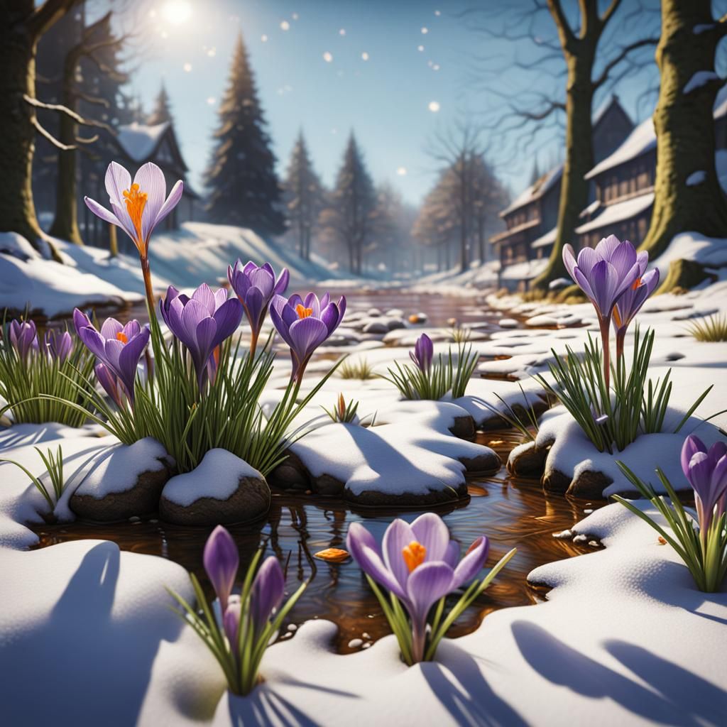 Spring Crocuses Bloom as Snow Melts: Oil Painting