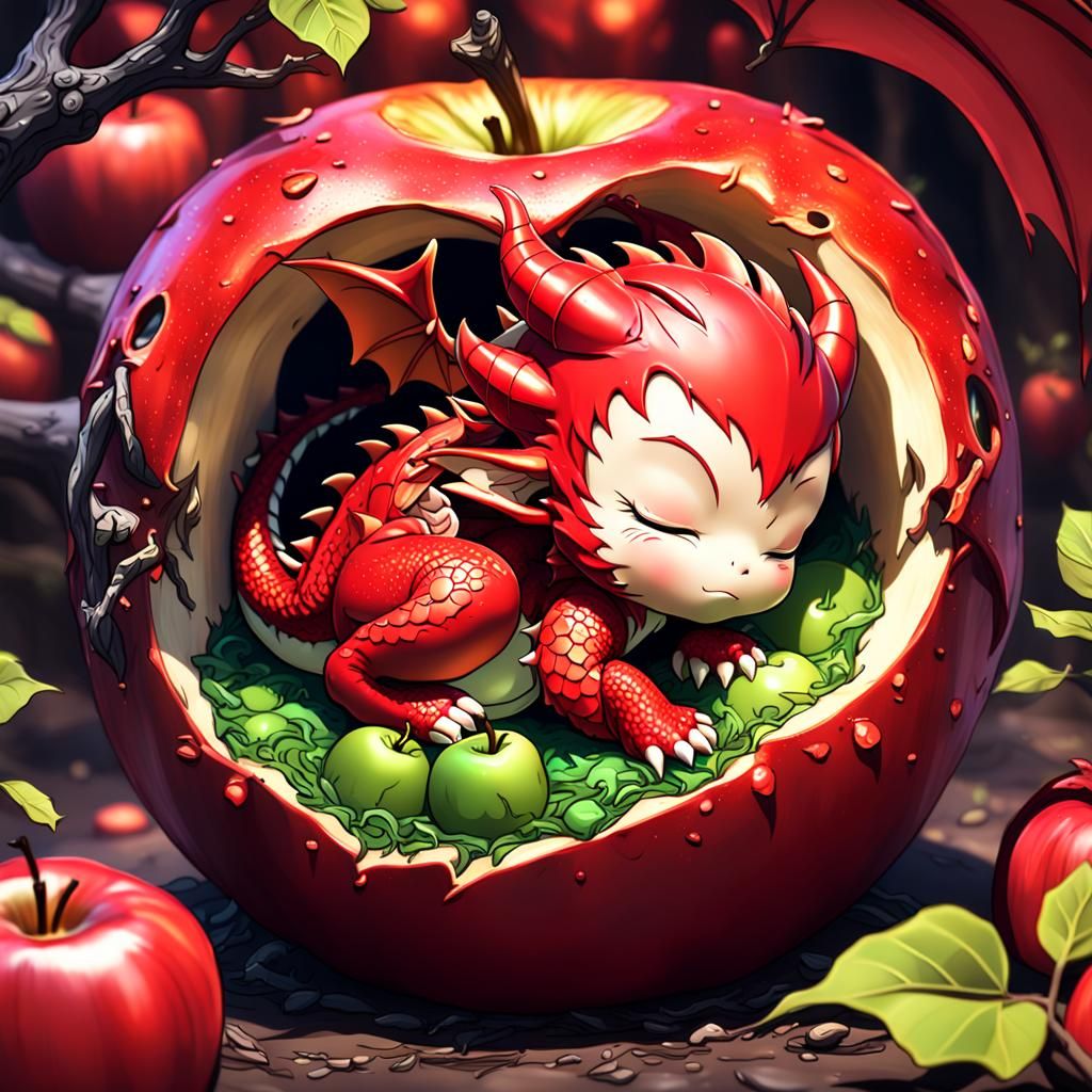 Chibi Red Dragon Asleep in Apple, Detailed Painting