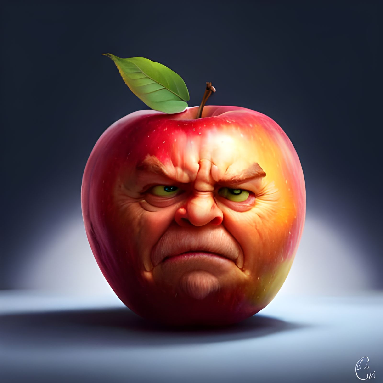 Grumpy Apple Character in Whimsical Style