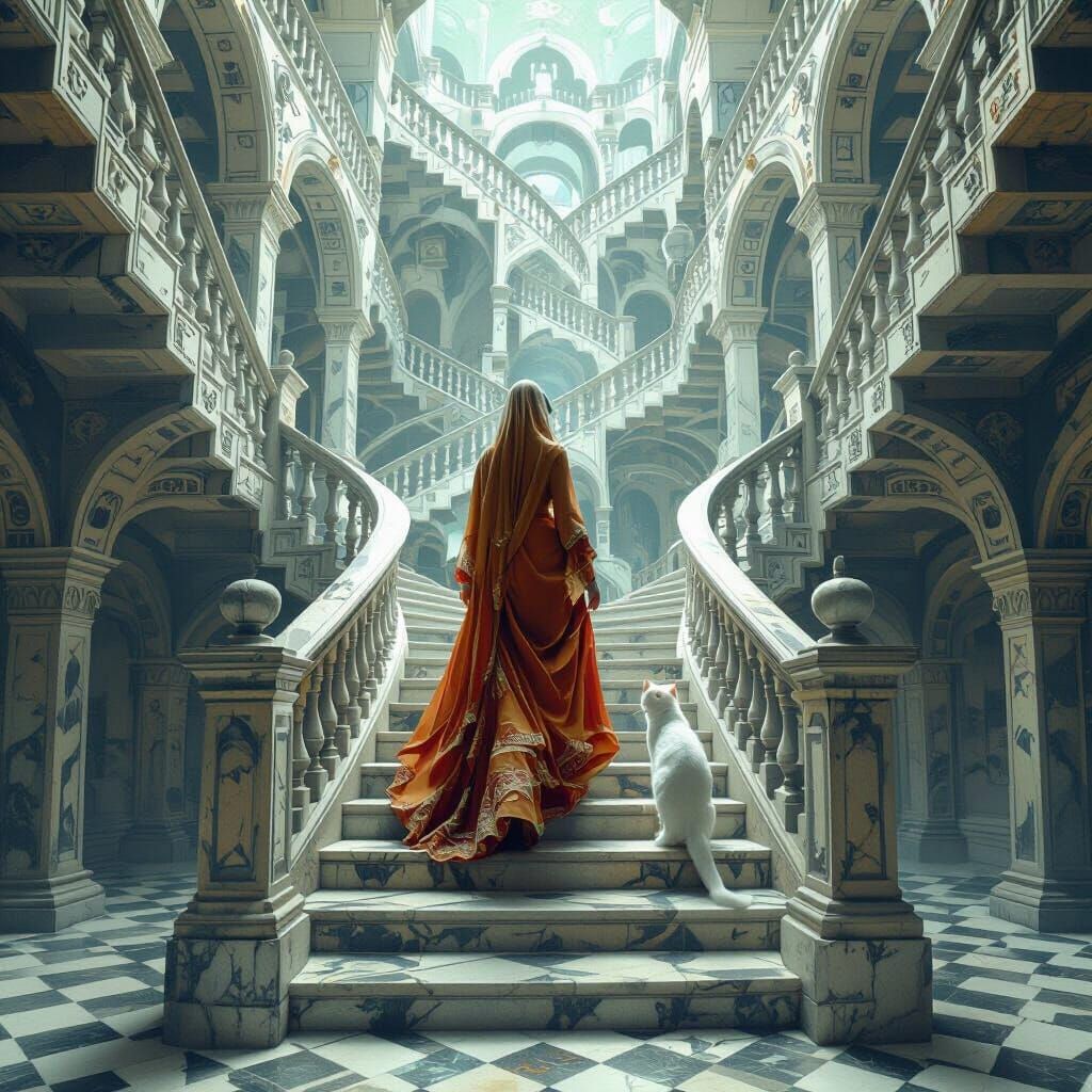 Woman and Cat on Impossible Staircases