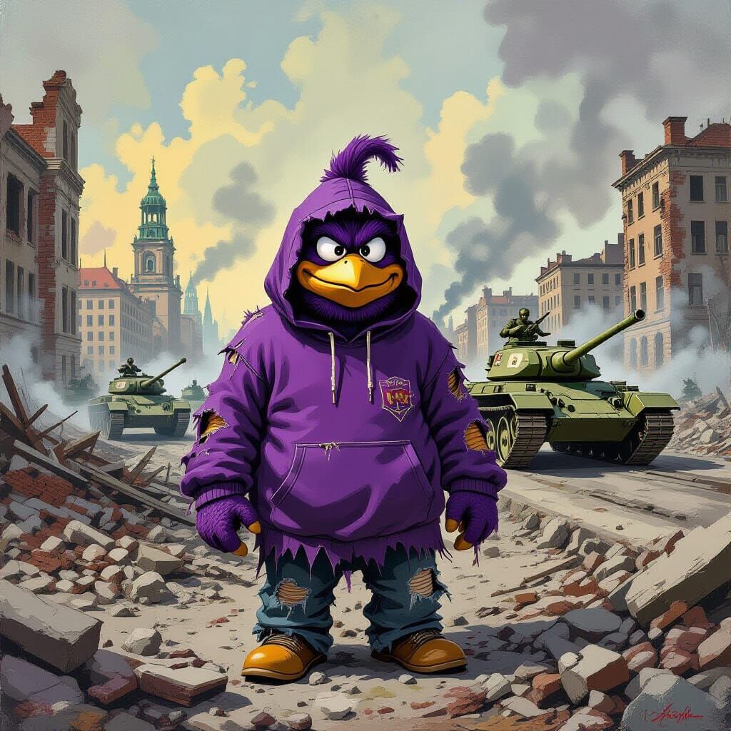 Grimace Amidst Berlin Ruins, Otto Dix Style