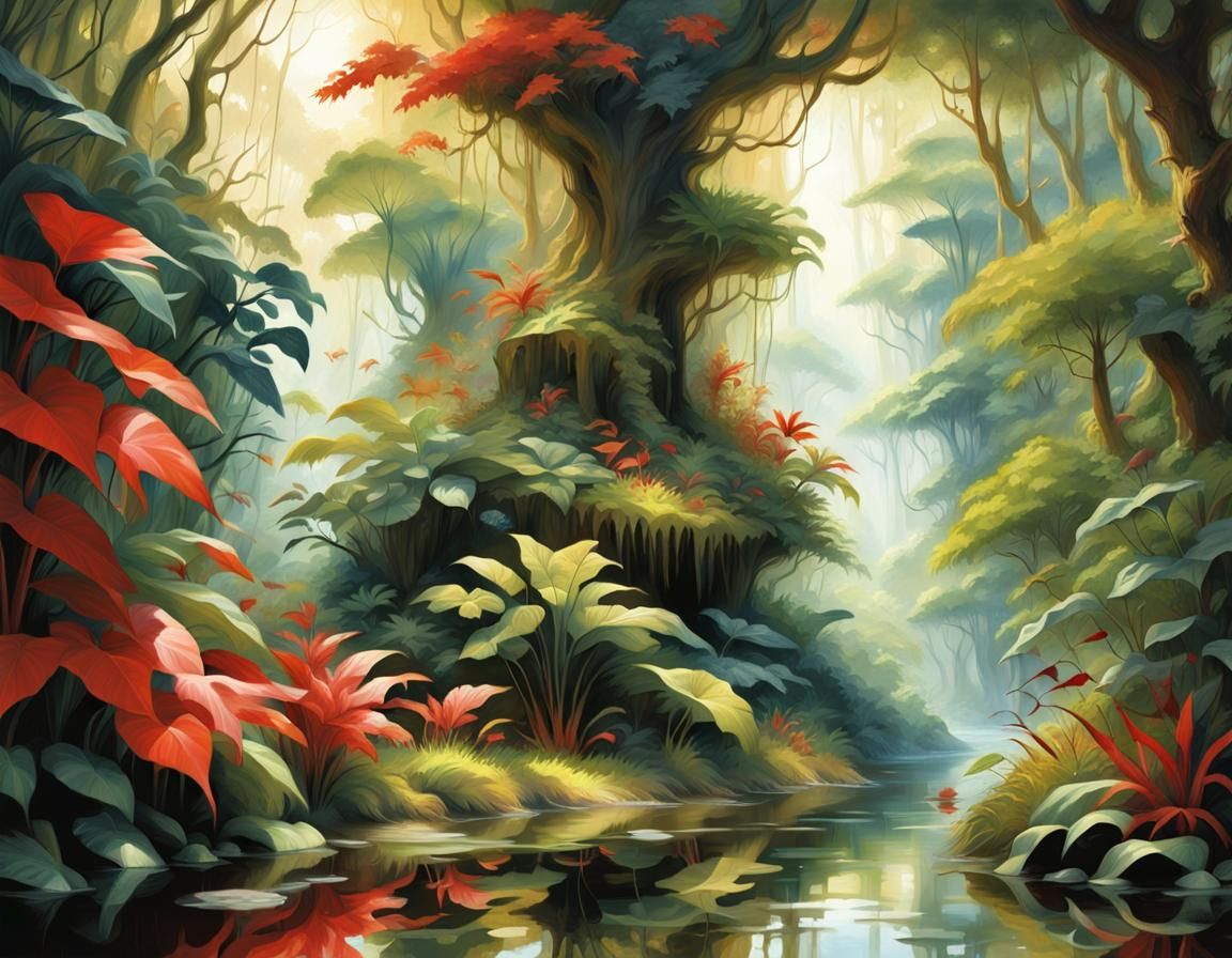 Lush Jungle Scene in Fantasy Realism Style