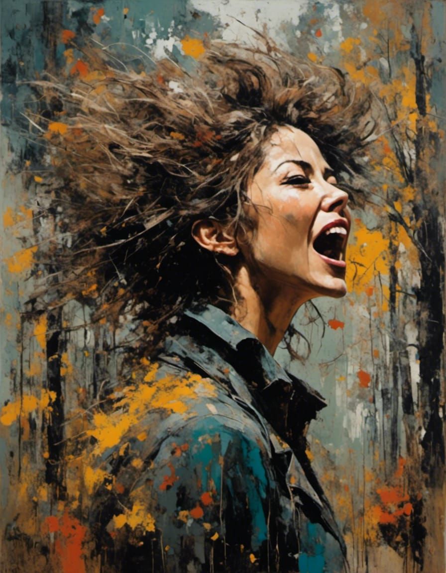 Neo-Expressionist Screaming Woman in Autumn Forest