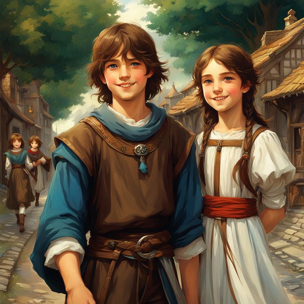 Cheerful Siblings on Medieval Street, Waterhouse Style