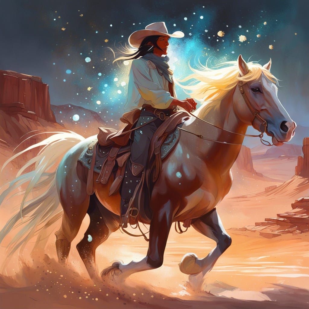 Cowboy on Horse in Magical Desert Landscape