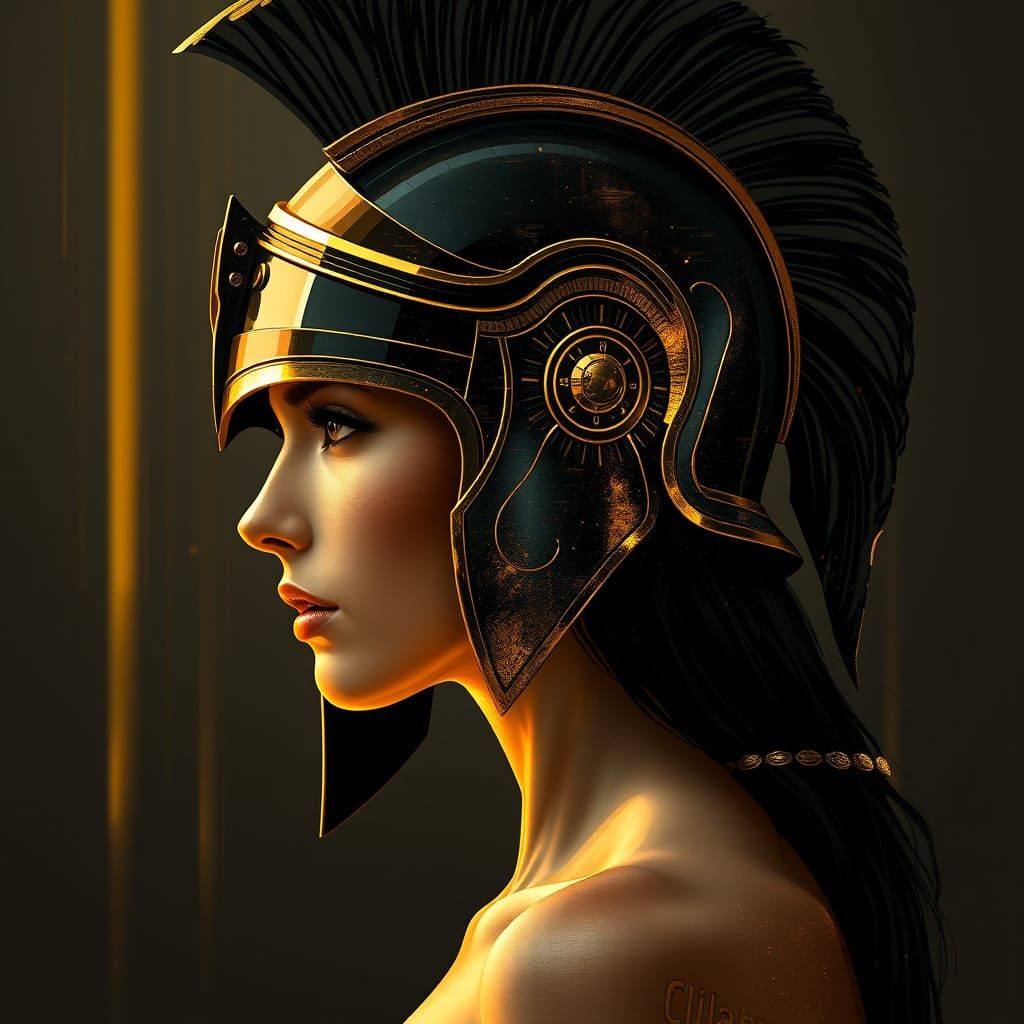 Hyperrealistic Woman in Spartan Helmet, Glitching in Aether